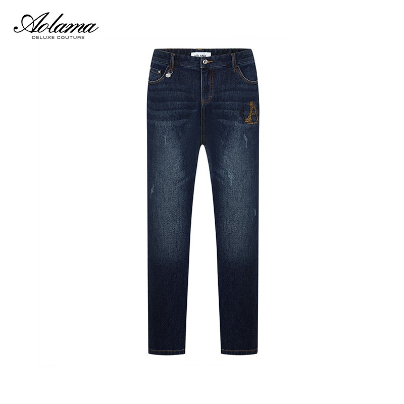 aolama奥拉玛男装秋轻奢刺绣烫钻水洗时尚潮流长款修身牛仔裤