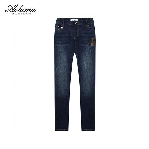 aolama奥拉玛男装秋轻奢刺绣烫钻水洗时尚潮流长款修身牛仔裤