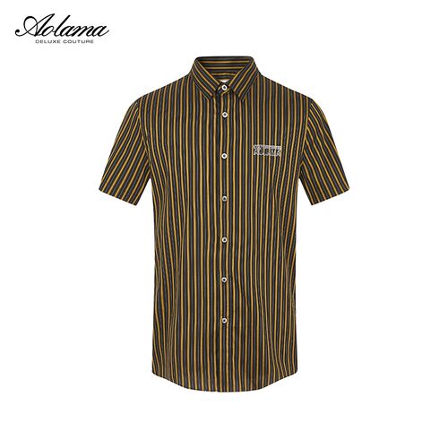 AOLAMA奥拉玛男装夏新款条纹烫钻刺绣半袖短袖衬衫080952006