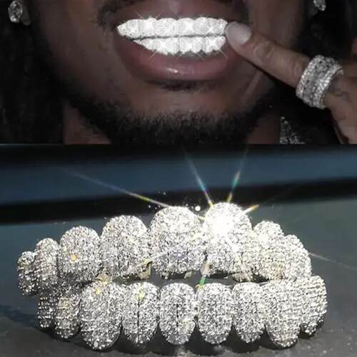 欧美热销HIPHOP嘻哈风万圣节10齿牙套夸张说唱14K真金镀金牙饰潮