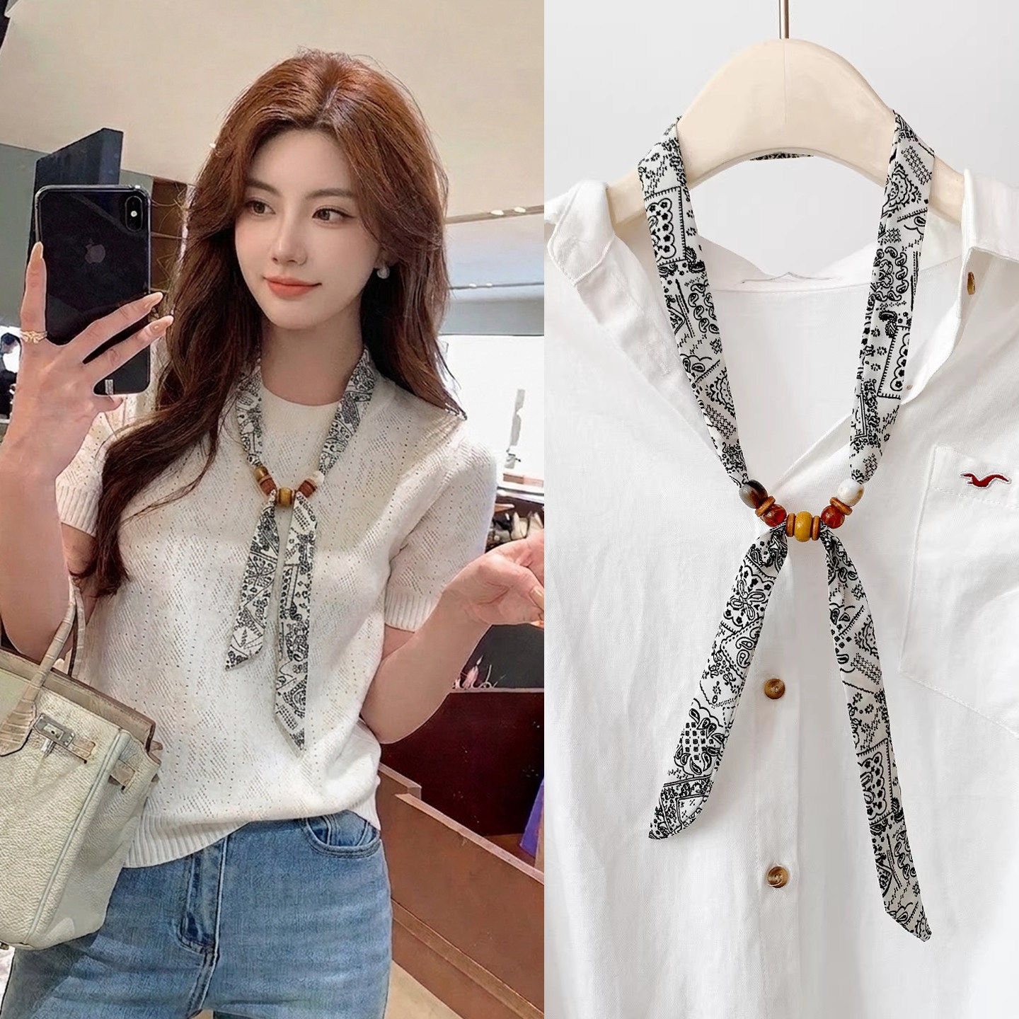 韩版洋气木珠长条小丝巾女项链领巾飘带春夏薄款装饰围巾新款百搭