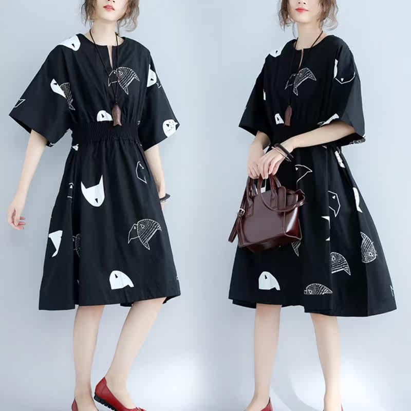 New products Large Women's wear summer Korean Edition mm literature Elastic waist Small fish printing skirt Show thin 2018in the Women's clothing/Boutique , Large size women  category - from Buy2taobao.com to provide professional Taobao agent buy service