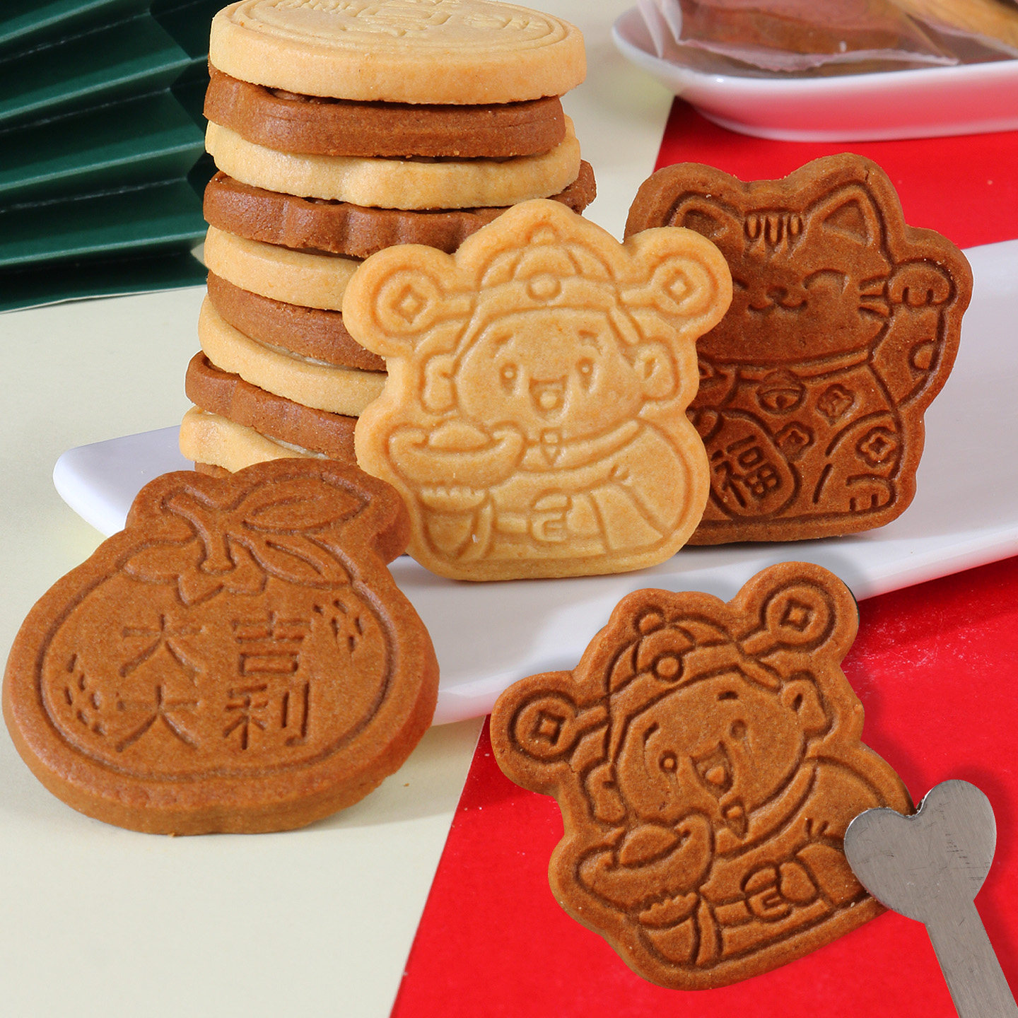 新年黄油味曲奇饼干咖啡味零食可爱造型独立包装招财猫主题礼物