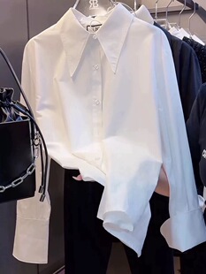 法式尖领加厚内搭白衬衫女秋冬大码上衣宽松设计感中长款加绒衬衣