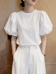 纯棉2026夏季新款韩版白色宽松显瘦泡泡袖短袖t恤ins潮短款女上衣