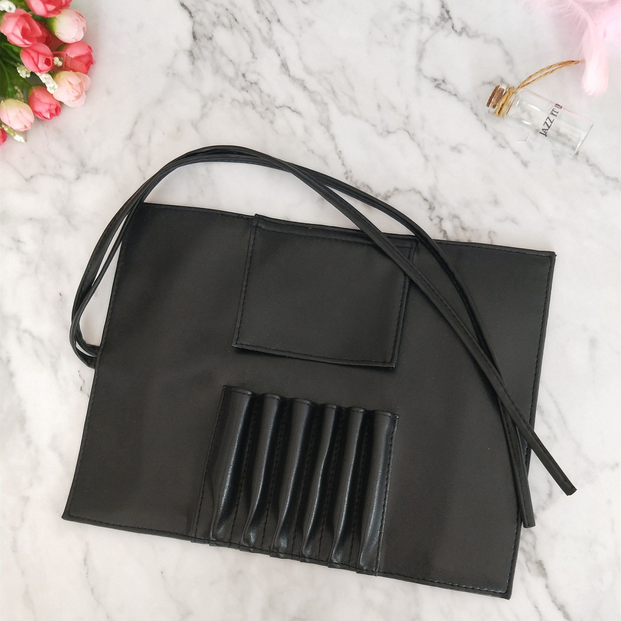 沫颜便携黑色柔软pu化妆刷包收纳包6孔眼部刷具包