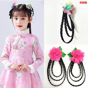 儿童汉服头饰蓝宝贝原创新款仿真假发辫子复古造型发饰三环辨对夹