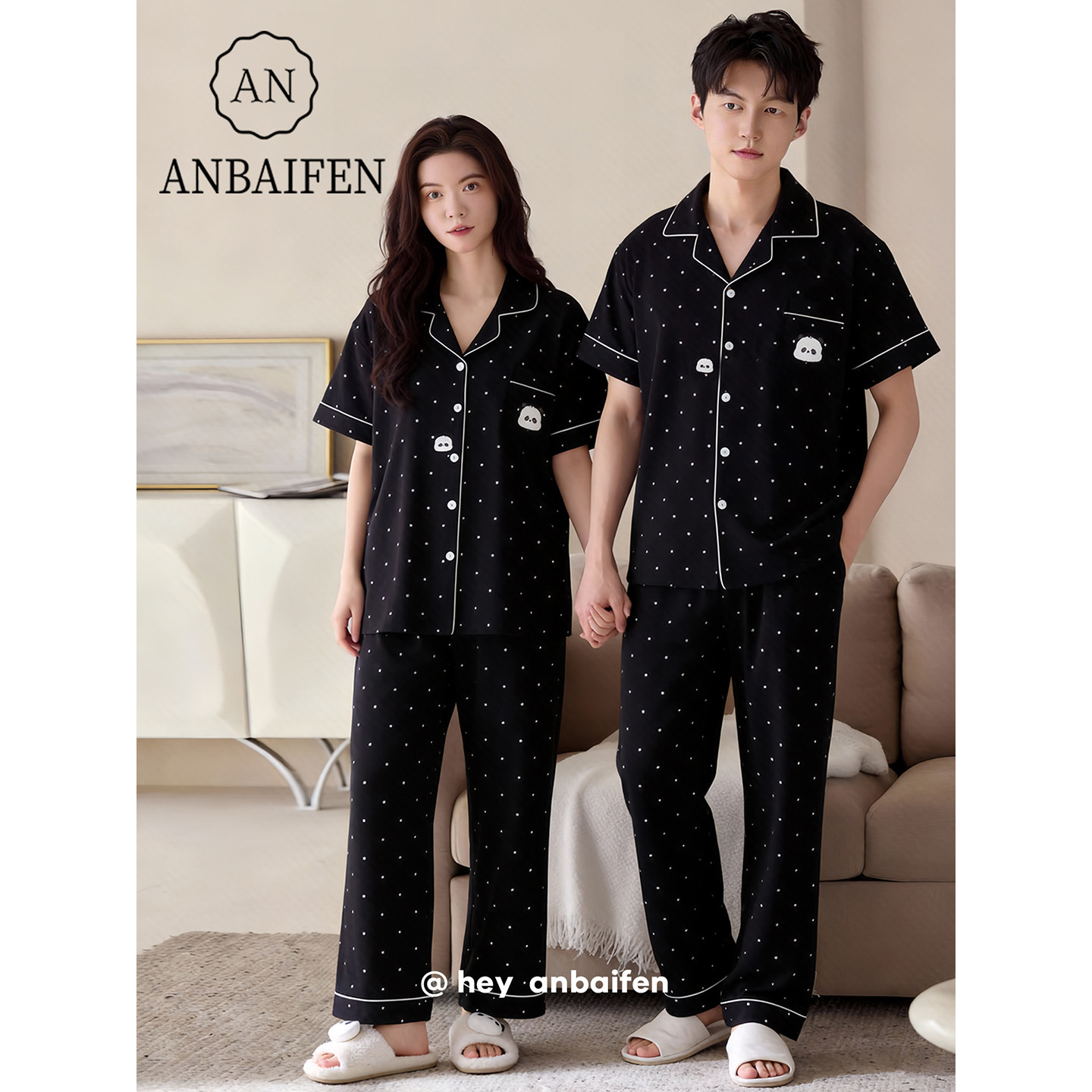 『波点熊猫』卡通风情侣睡衣春夏季短袖长裤翻领开衫可爱俏皮套装
