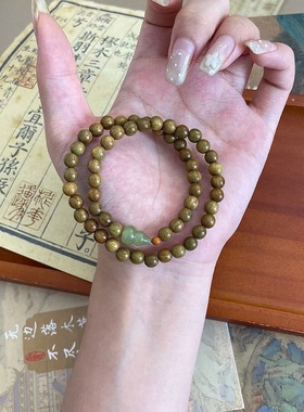 天然绿檀木手串和田玉葫芦福禄双