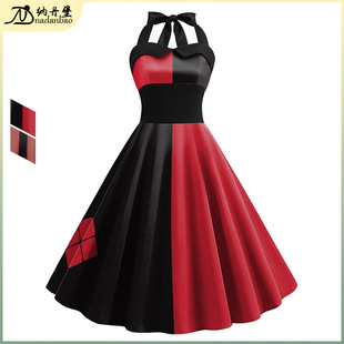 万圣节欧美女装裙cospaly电影周边丑女数码印花绑带条纹连衣裙女