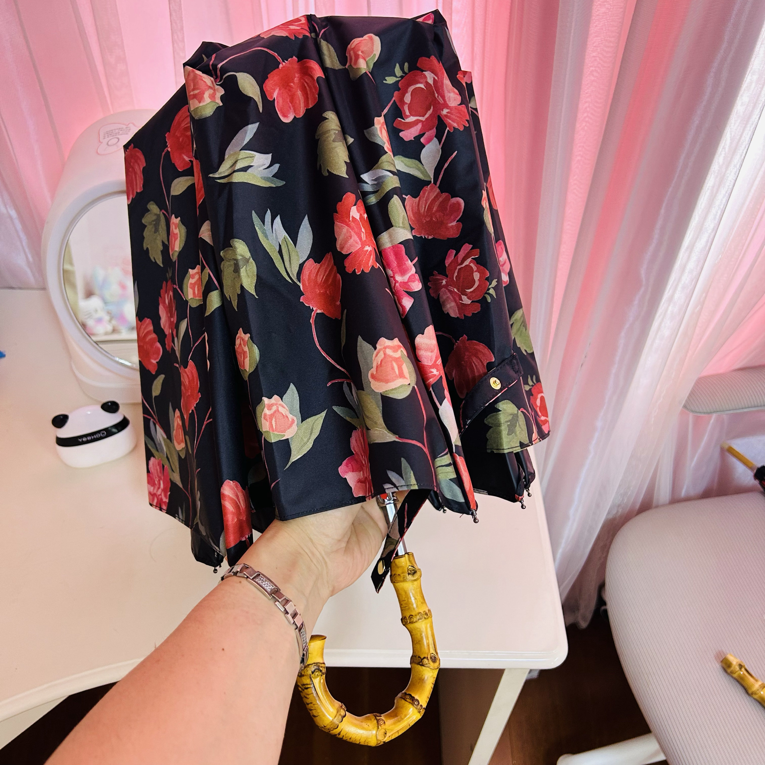 日系芍药花二折太阳伞女竹节弯钩黑胶晴雨两用防晒防紫外线遮阳伞