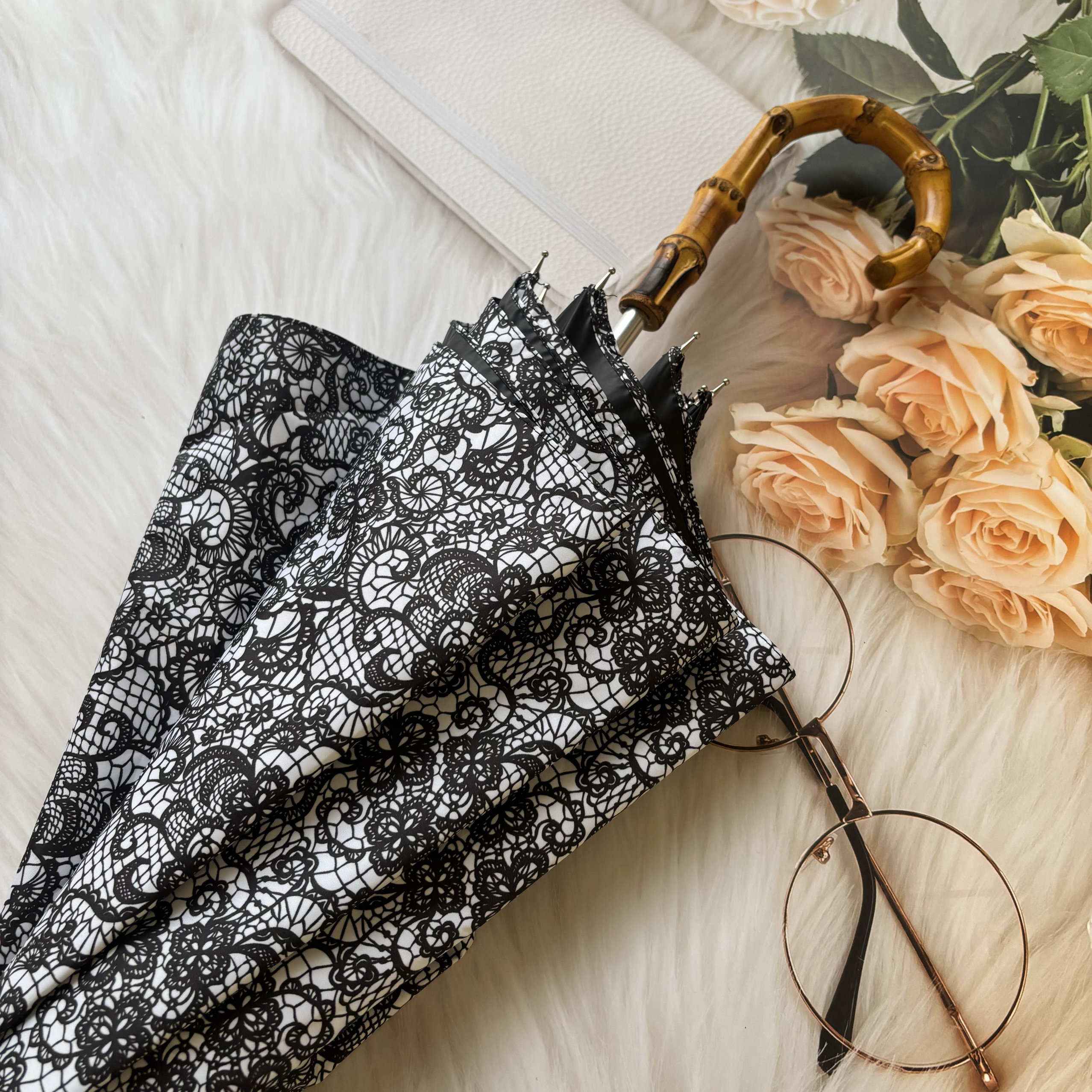 日系禁裕系竹弯长伞蕾丝印花黑胶抗风太阳防紫外线晴雨两用防晒伞