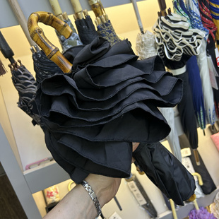 日系黑胶花边纯色洋伞黑色公主伞半自动二折伞竹手柄防晒防紫外线