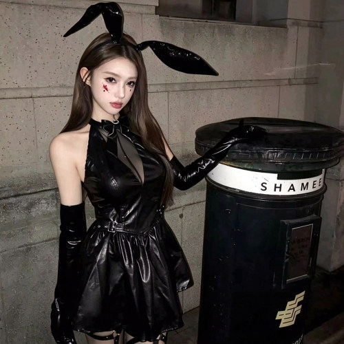 万圣节服装性感兔女郎cos制服套装魔女黑色漆皮辣妹连衣裙