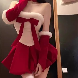 圣诞穿搭女兔女郎制服套装 红色抹胸跨年战袍气质氛围性感连衣裙