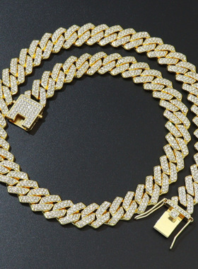 跨境饰品14mm菱形古巴链宽欧美嘻哈满钻双排钻项链配饰necklace