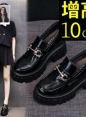 新款春季小皮鞋女内增高黑色一脚蹬懒人鞋乐福百搭小个子10cm单鞋