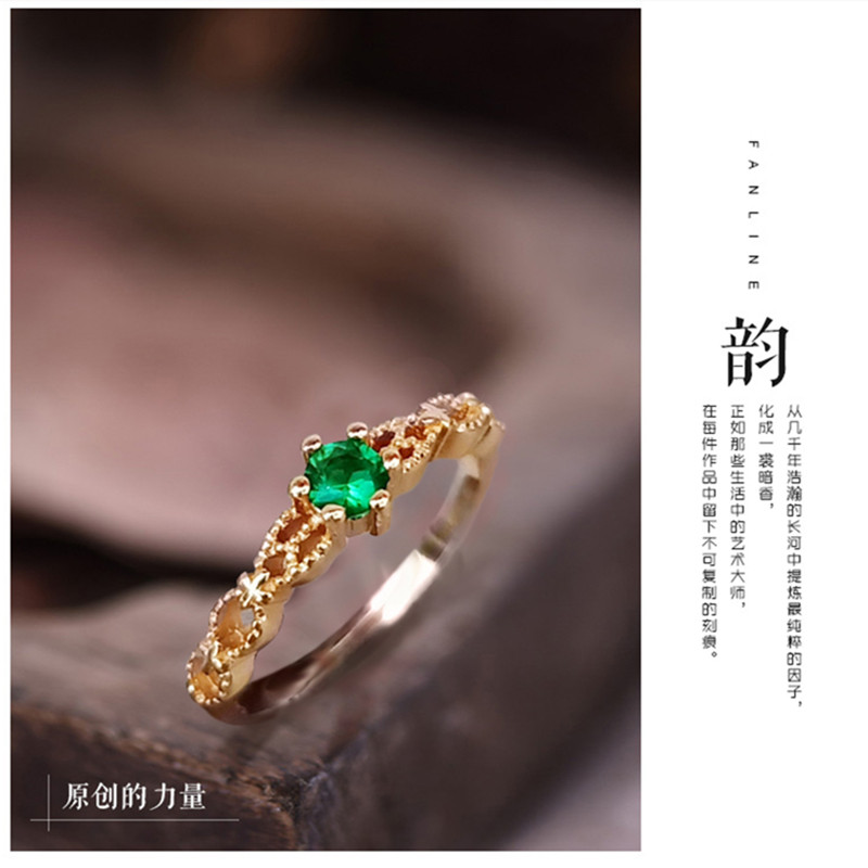 古溪小绿祖母戒指女18K金纯银925宝石食指黄金戒环送女友生日礼物