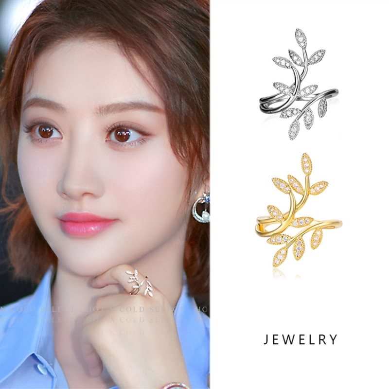 加拿大橄榄枝戒指少女款18K黄金纯银925指环食指百搭个性钻石欧美