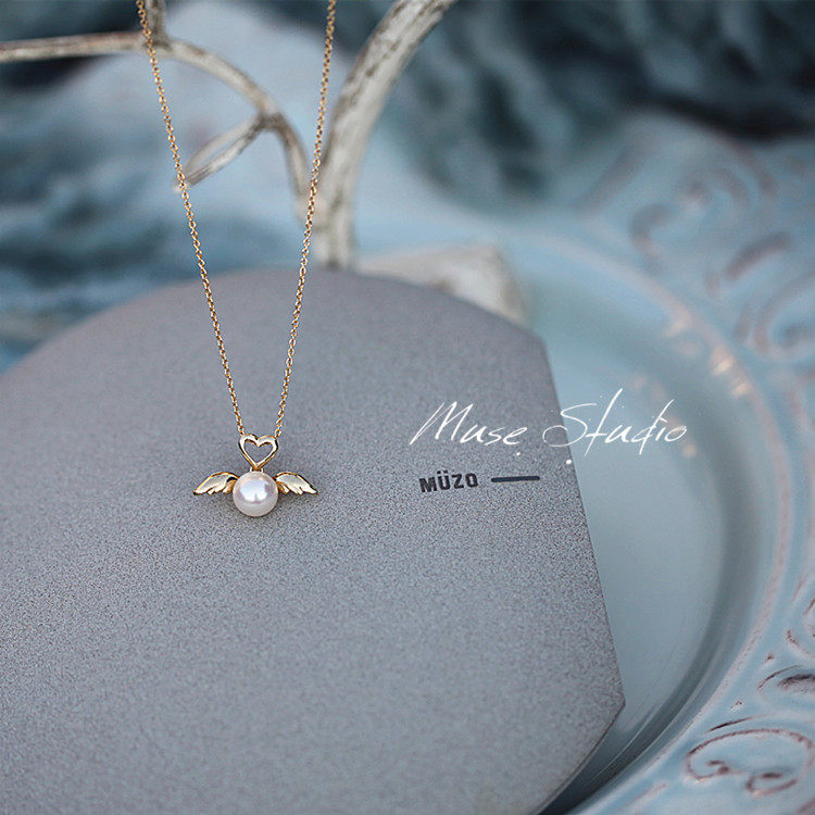 天使翅膀爱心形吊坠项链女925纯银18K黄金珍珠锁骨链轻奢小众设计