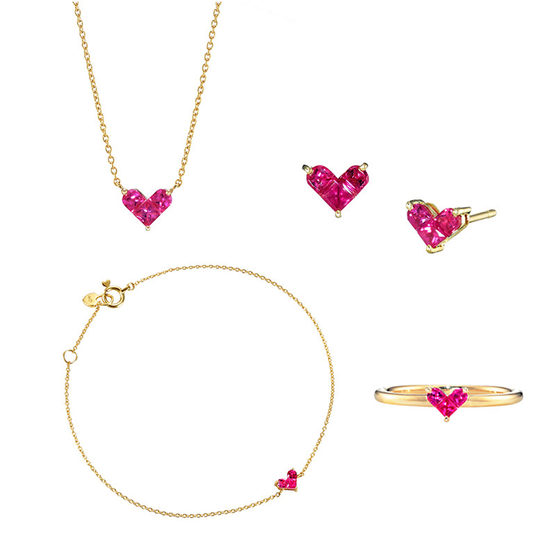 18k黄金925纯银红宝石爱心形锁骨项链女戒指手链简约耳钉轻奢小众