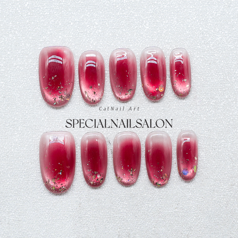 【幽梦红砂】纯手工穿戴甲爆闪酒红色亮片猫眼高级感2025新款美甲