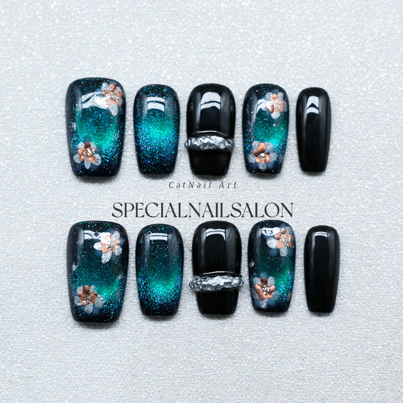 【深空花绽】纯手工穿戴甲星空蓝猫眼花卉高级神秘感显白美甲贴片,彩妆/香水/美妆工具,穿戴甲/甲片,淘宝优惠券,粉丝福利购,淘宝优惠卷