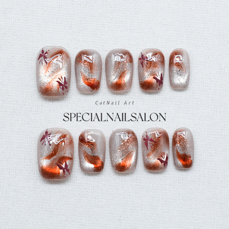 【赤焰幻蝶】纯手工穿戴式美甲秋冬新款琥珀晕染蝶舞高级感指甲片,彩妆/香水/美妆工具,穿戴甲/甲片,淘宝优惠券,粉丝福利购,淘宝优惠卷