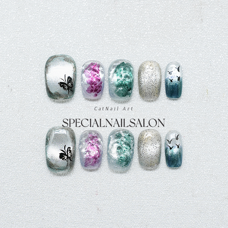 【墨下蝶吟】纯手工穿戴美甲水墨晕染国风高级感小众显白美甲贴片