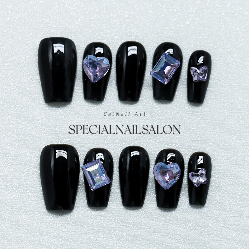 【黑魔仙】纯手工穿戴甲钢琴黑爆闪蓝宝石气质氛围感显白美甲贴片