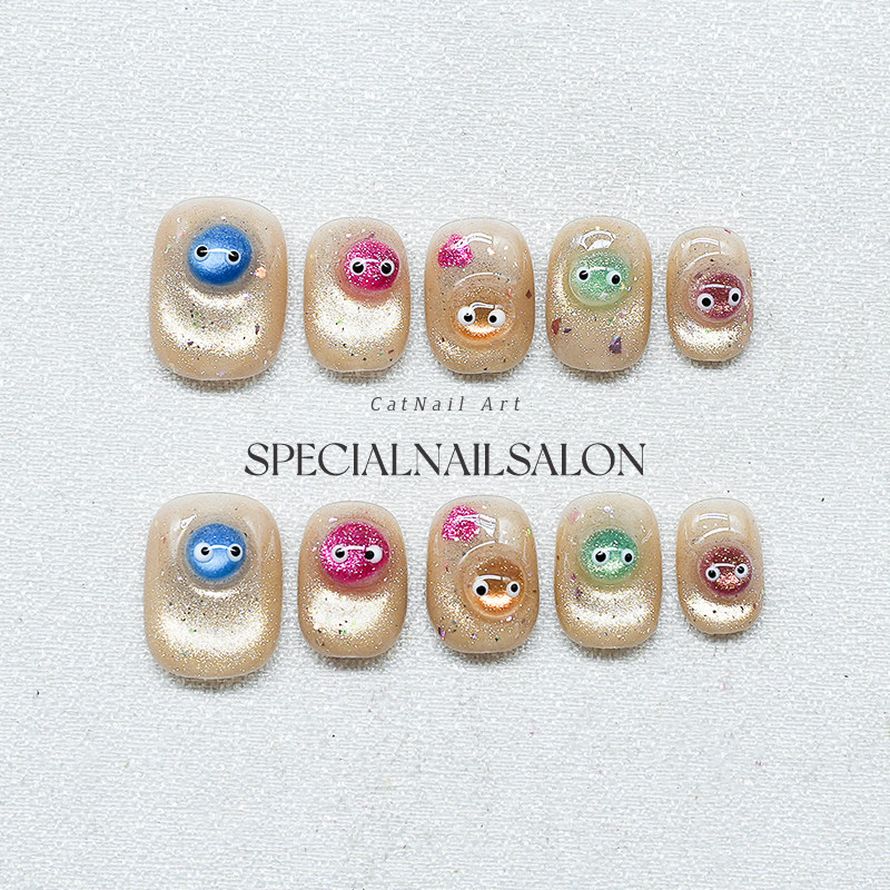 【搞怪小精灵】纯手工穿戴甲夏日童趣可爱学生党短款显白美甲贴片,彩妆/香水/美妆工具,穿戴甲/甲片,淘宝优惠券,粉丝福利购,淘宝优惠卷