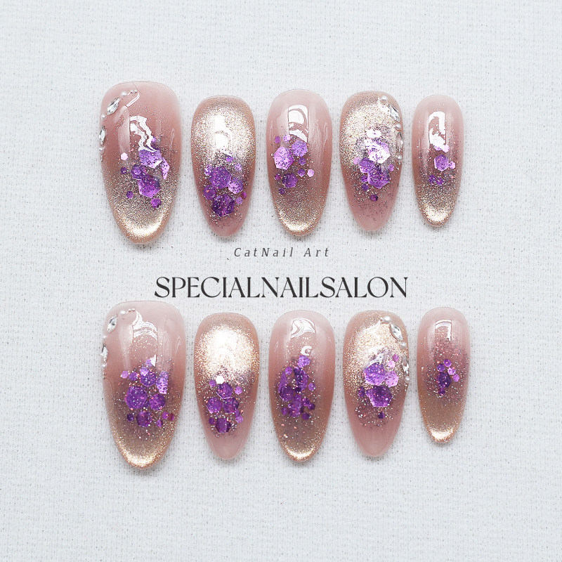 【琉璃紫檀】纯手工穿戴甲紫色亮片爆闪猫眼美甲高级感新款指甲片,彩妆/香水/美妆工具,穿戴甲/甲片,淘宝优惠券,粉丝福利购,淘宝优惠卷