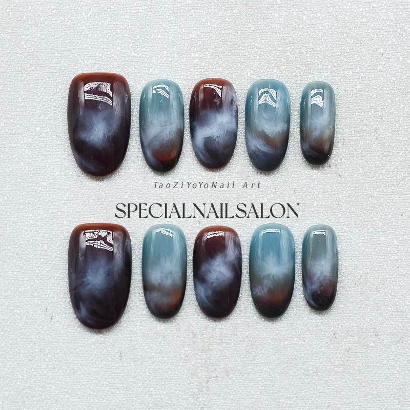 【云隐深海】纯手工穿戴美甲晕染迷雾朦胧感轻奢2025新款指甲贴片