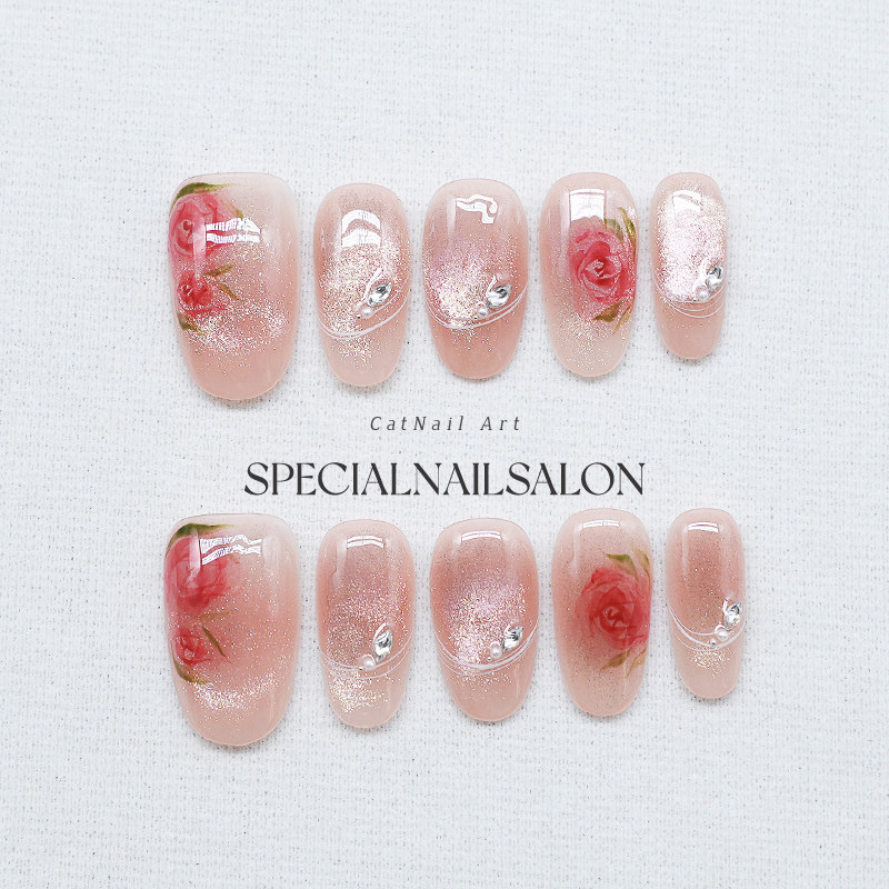 【微醺玫瑰】纯手工穿戴甲彩绘玫瑰纯欲猫眼钻饰高级感显白美甲片,彩妆/香水/美妆工具,穿戴甲/甲片,淘宝优惠券,粉丝福利购,淘宝优惠卷