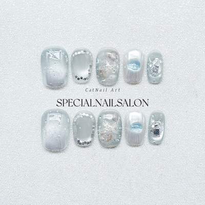 【晶雪银辉】纯手工穿戴甲夏天冰透月光白高级氛围感轻奢显白美甲