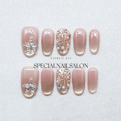 【花漾誓约】纯手工穿戴甲细闪裸粉色猫眼冰花钻饰高级感美甲贴片