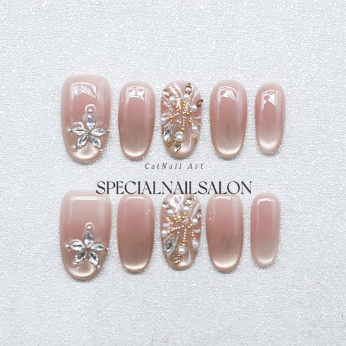 【花漾誓约】纯手工穿戴甲细闪裸粉色猫眼冰花钻饰高级感美甲贴片