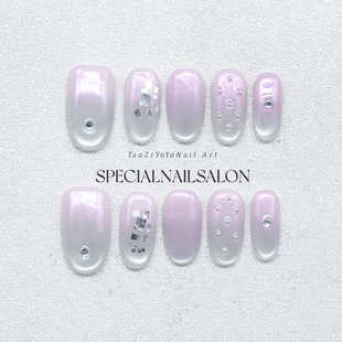 【薄雾薰香】纯手工穿戴甲秋冬新款渐变紫色亮片猫眼个性显白美甲