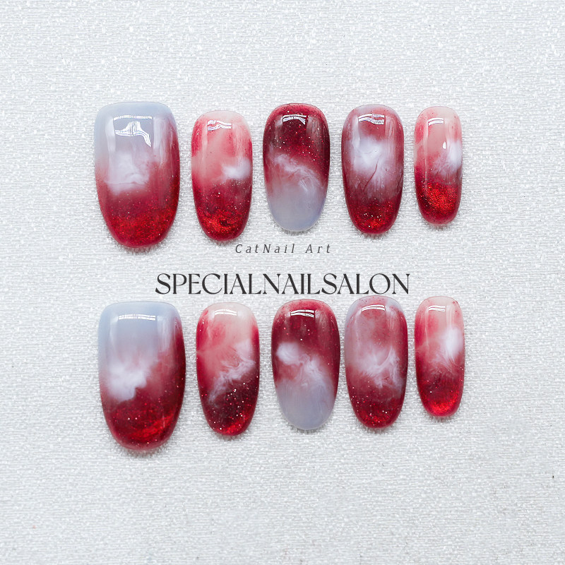 【霞影轻柔】纯手工穿戴甲晕染绯红色高级感轻奢显白美甲指甲贴片,彩妆/香水/美妆工具,穿戴甲/甲片,淘宝优惠券,粉丝福利购,淘宝优惠卷