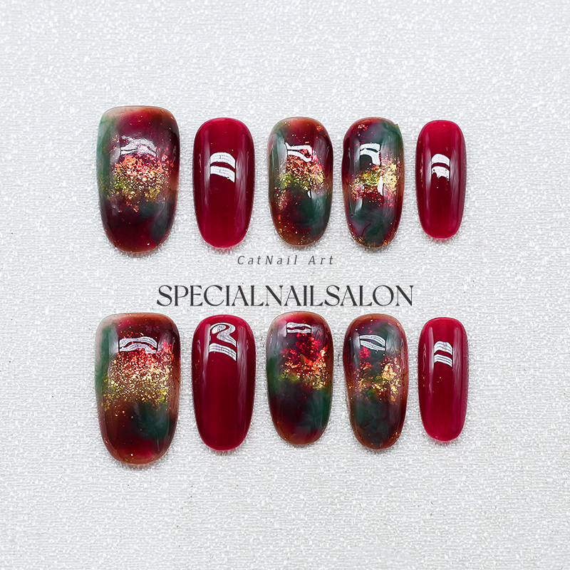 【夜宴玫影】纯手工穿戴美甲金箔晕染高级感轻奢爆闪新年指甲贴片