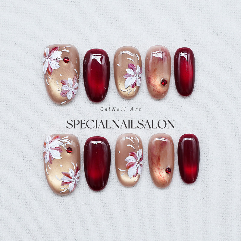 【锦瑟年华】纯手工穿戴甲新款晕染立体花卉新年红猫眼高级感美甲,彩妆/香水/美妆工具,穿戴甲/甲片,淘宝优惠券,粉丝福利购,淘宝优惠卷