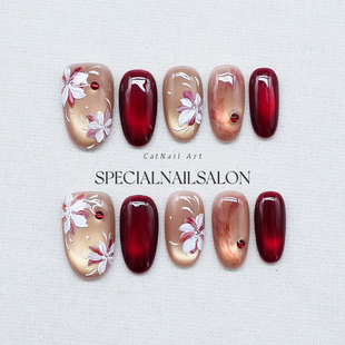 【锦瑟年华】纯手工穿戴甲新款晕染立体花卉新年红猫眼高级感美甲