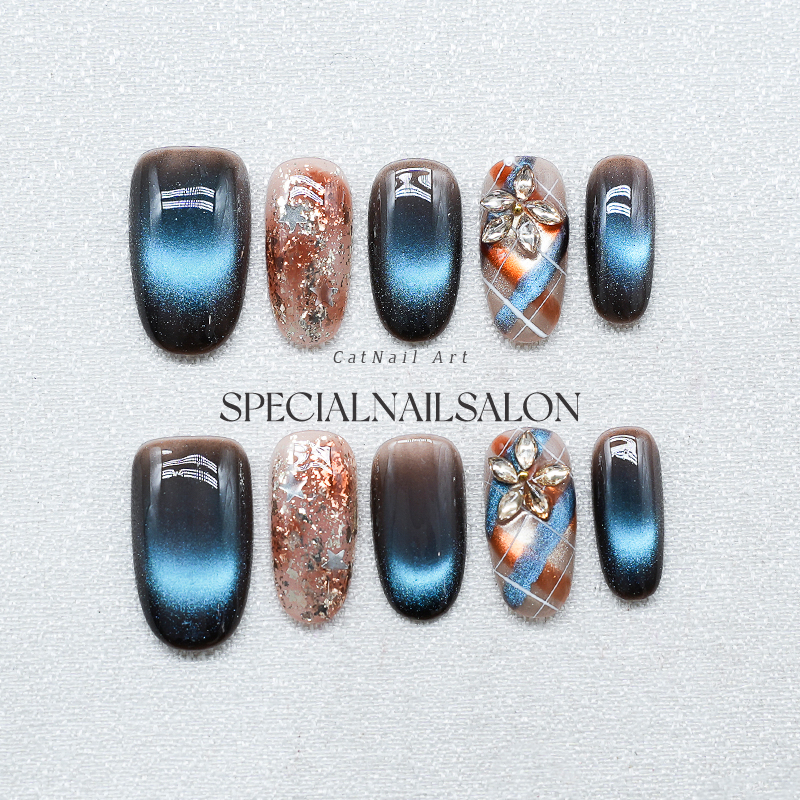 【蓝潮织梦】纯手工穿戴甲秋冬新款渐变蓝猫眼高级感格纹美甲贴片