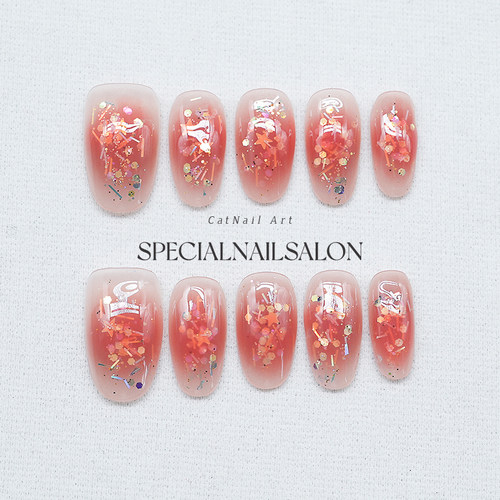 【糖水铺】纯手工穿戴甲腮红亮片猫眼中长款杏仁美甲高级感指甲片