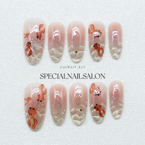 【年年有鱼】纯手工穿戴甲新年款国风锦鲤水波纹温柔显白美甲贴片