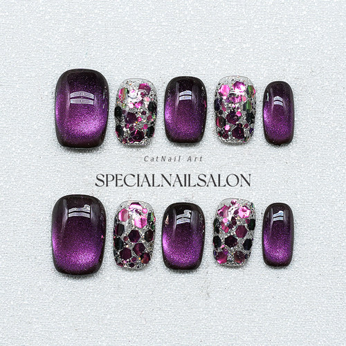 【幻夜之梦】纯手工穿戴甲新款暗夜紫高级感轻奢细闪猫眼美甲贴片