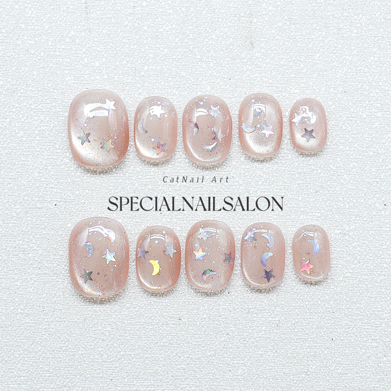 【许愿星】纯手工穿戴甲新款豆豆甲裸粉色玻璃珠猫眼显白美甲贴片