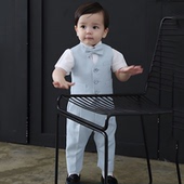 儿童礼服男童西装 花童 马甲三件套男宝周岁生日抓周帅气英伦背带裤