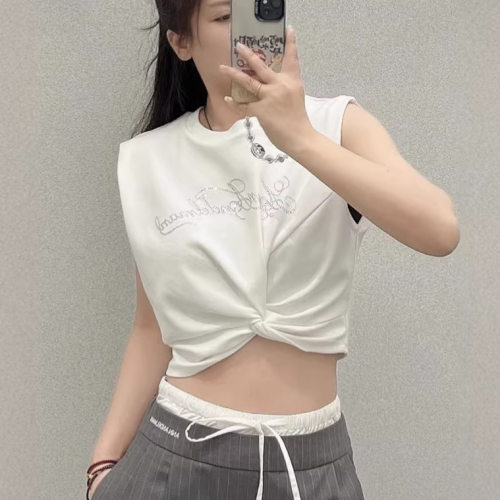 ann26扭结烫钻露脐无袖背心女辣妹高腰短款修身显瘦坎肩上衣夏季