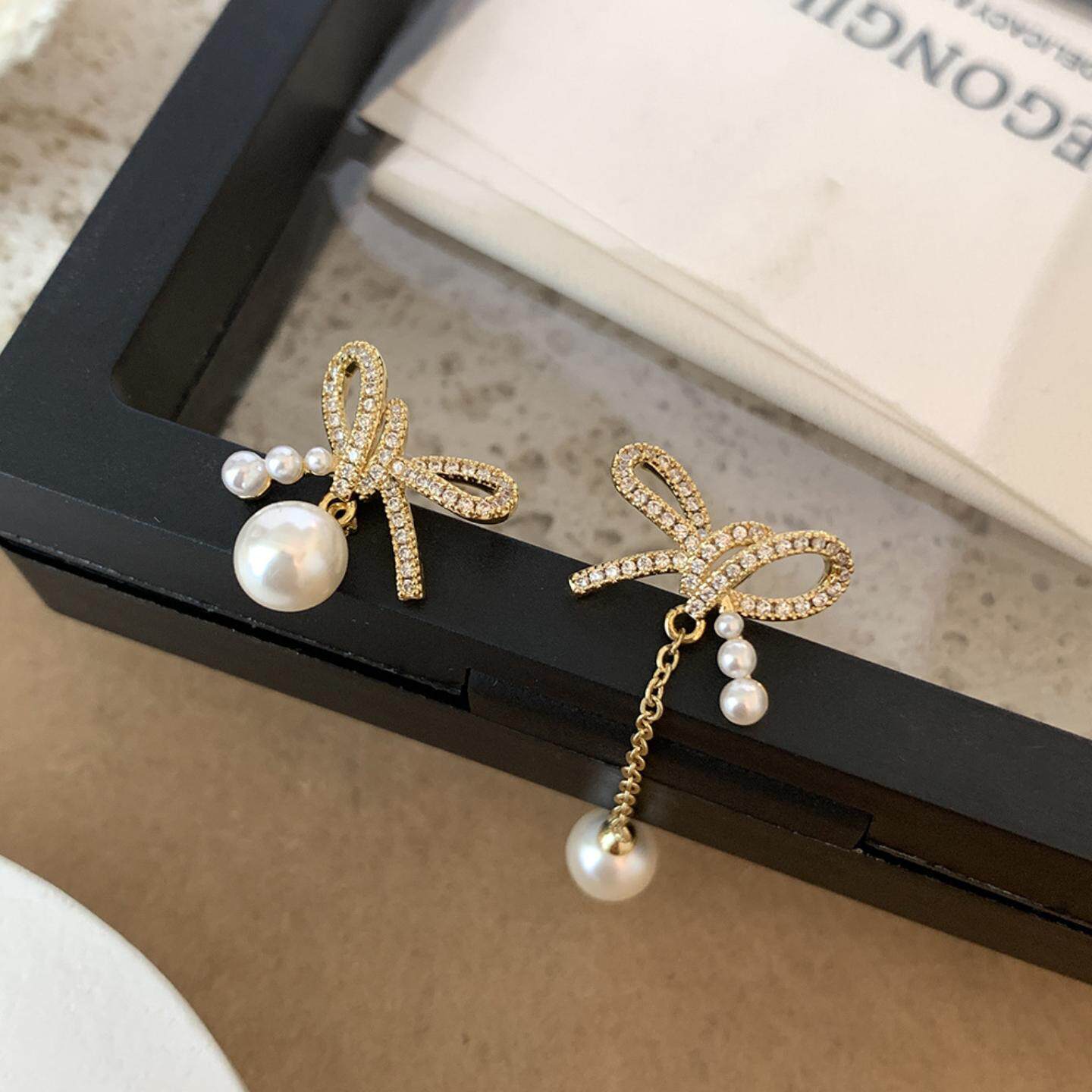 韩式珍珠蝴蝶结流苏耳环简约百搭耳钉气质简约冷淡风网红小众耳坠